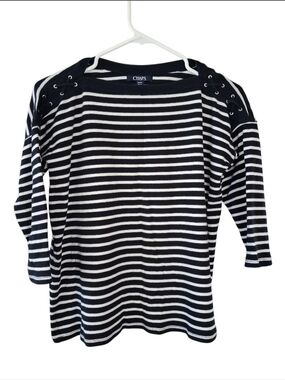 Chaps Black & White Striped Lace-Up Shoulder Top